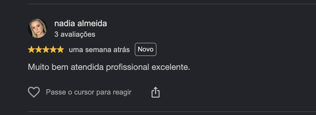 Print da avaliação de Nadia Almeida no Google sobre a Visucare