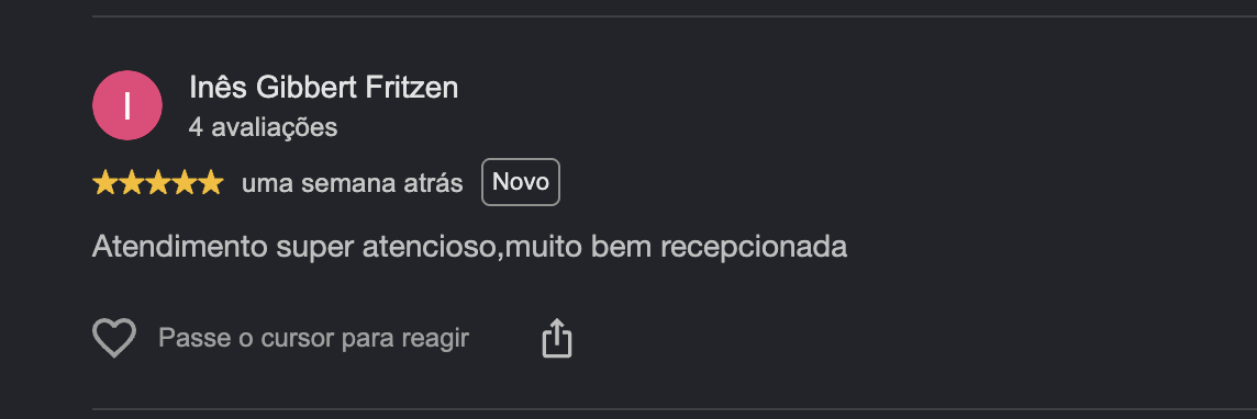 Print da avaliação de Inês Gibbert Fritzen no Google sobre a Visucare
