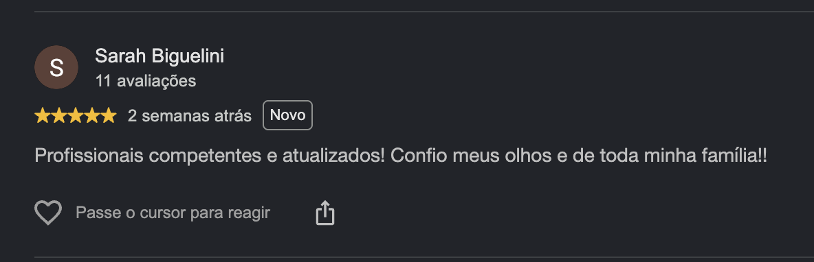 Print da avaliação de Sarah Biguelini no Google sobre a Visucare