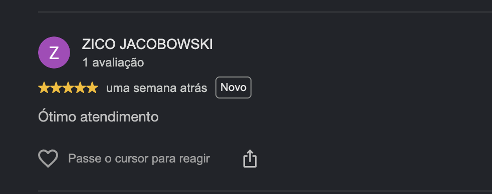 Print da avaliação de Zico Jacobowski no Google sobre a Visucare